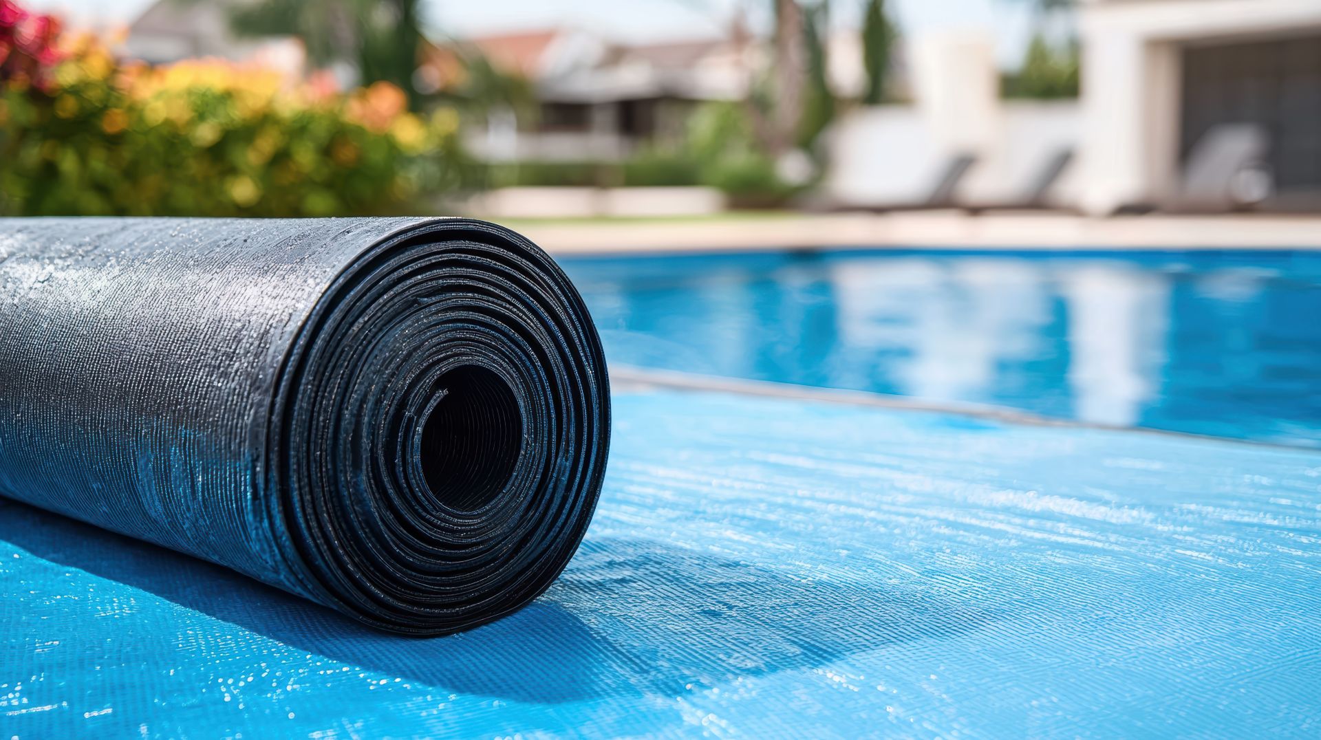  Schwarze Poolfolie aufgerollt am Beckenrand vor klarem Wasser, bereit zur Verlegung