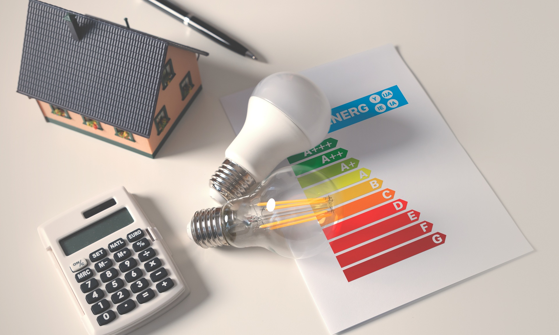Energieeffizienzlabel mit Glühbirnen und Hausmodell | Kühlvitrine
